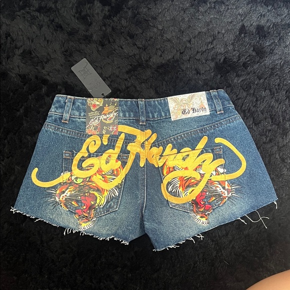 Ed Hardy Pants - Ed Hardy Women's Blue Jean Shorts with Yellow Logo